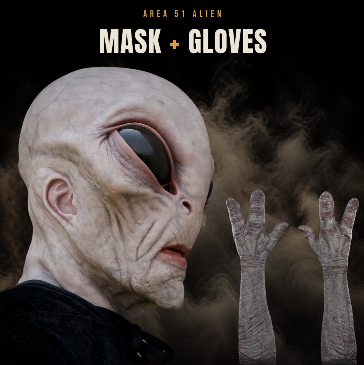 Alien mask and gloves set shown together on a dark background