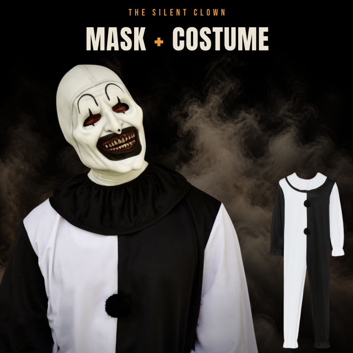 Black and white clown mask shown with the matching jumpsuit and collar