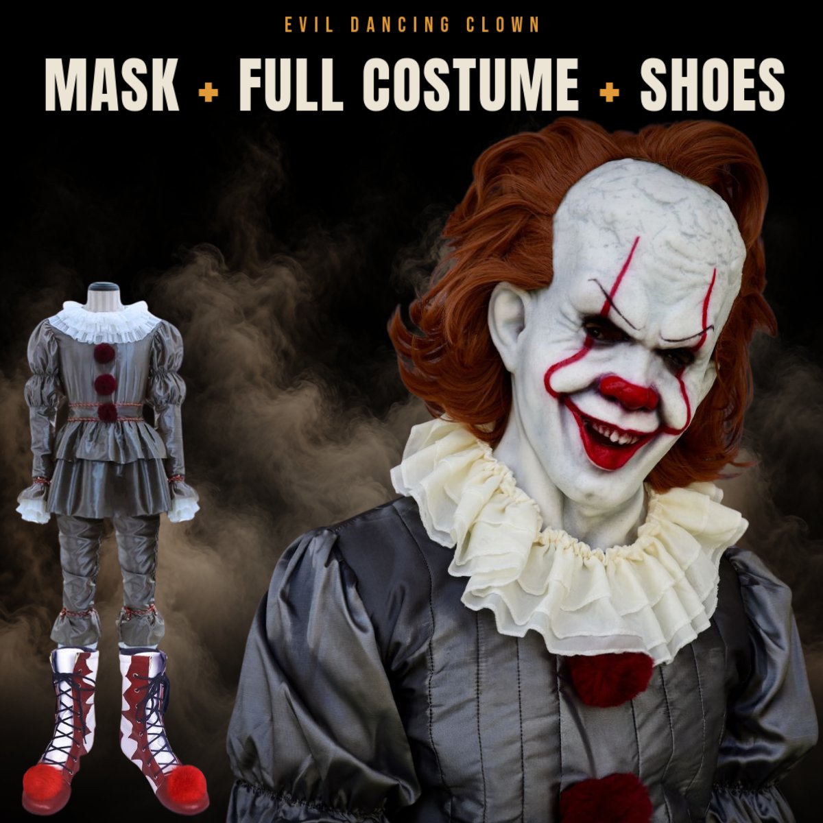 Complete evil clown halloween costume with the mask, costume and shoes