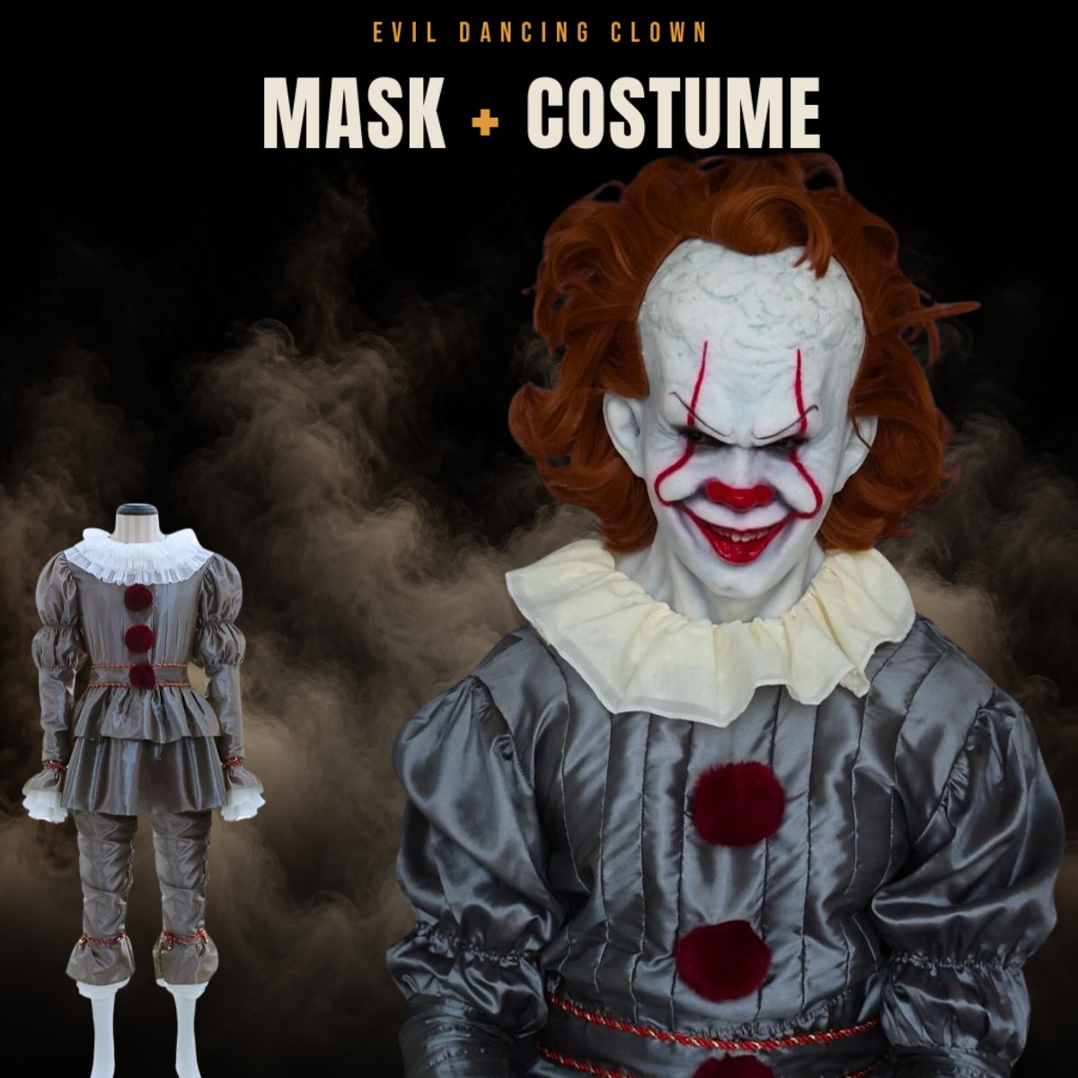 Evil clown mask shown with the matching grey costume