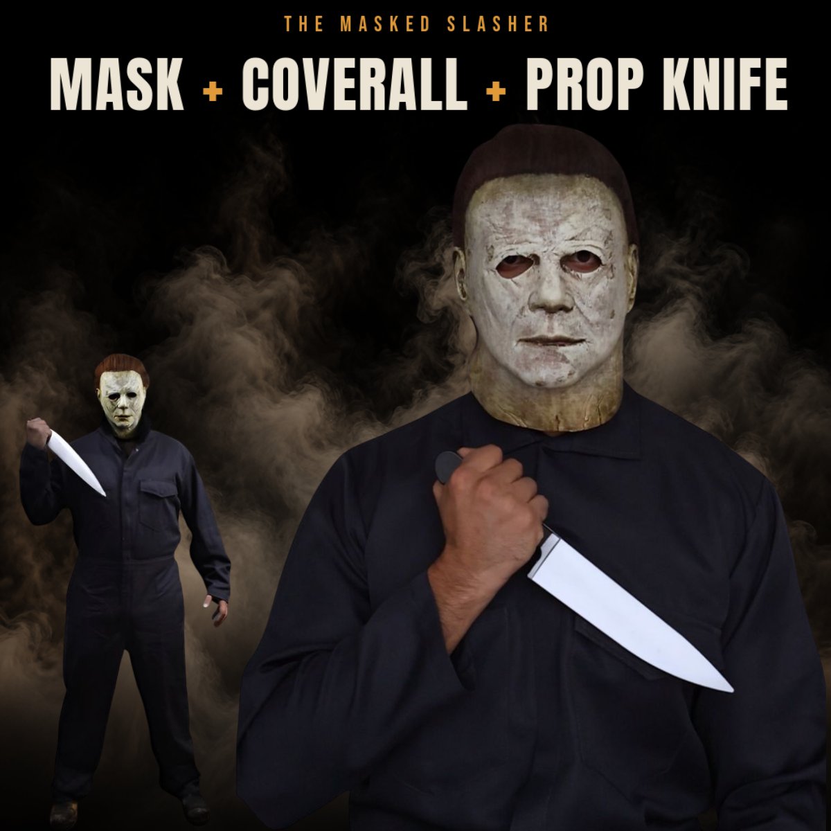 Complete slasher halloween costume with the mask, coverall and costume prop
