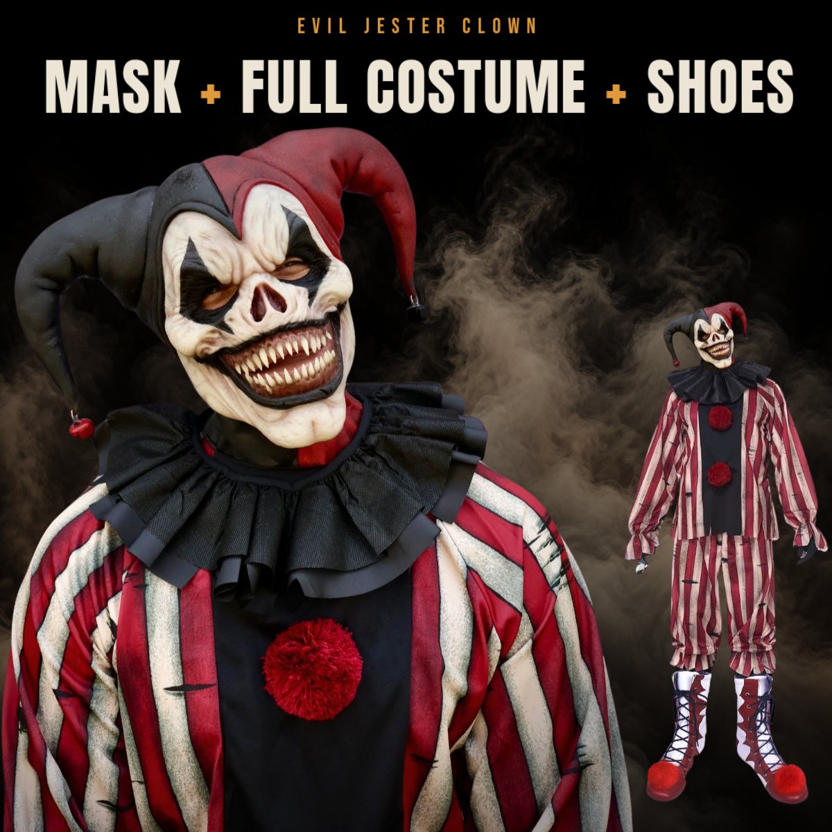Complete jester halloween costume set with the mask, costume and shoes
