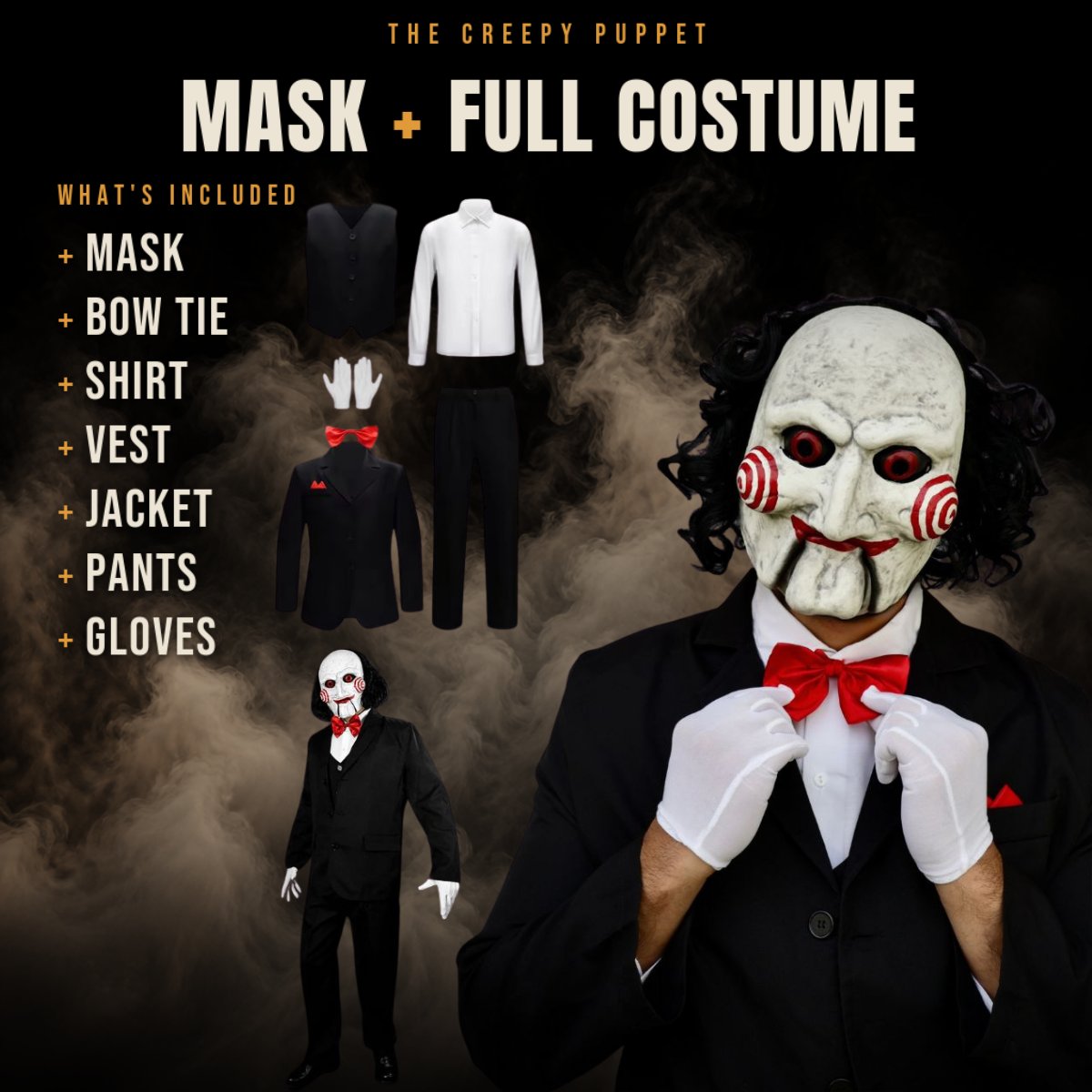 Puppet mask shown with the full costume including the jacket, vest, shirt, bow tie, pants and gloves