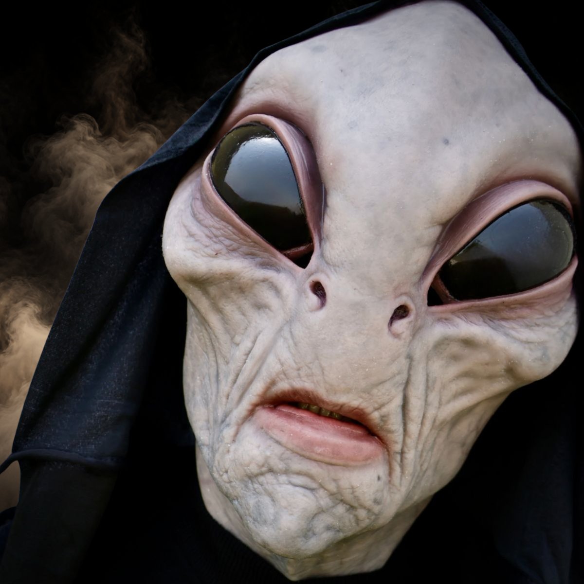 Grey alien mask worn with a black hood pulled over the head