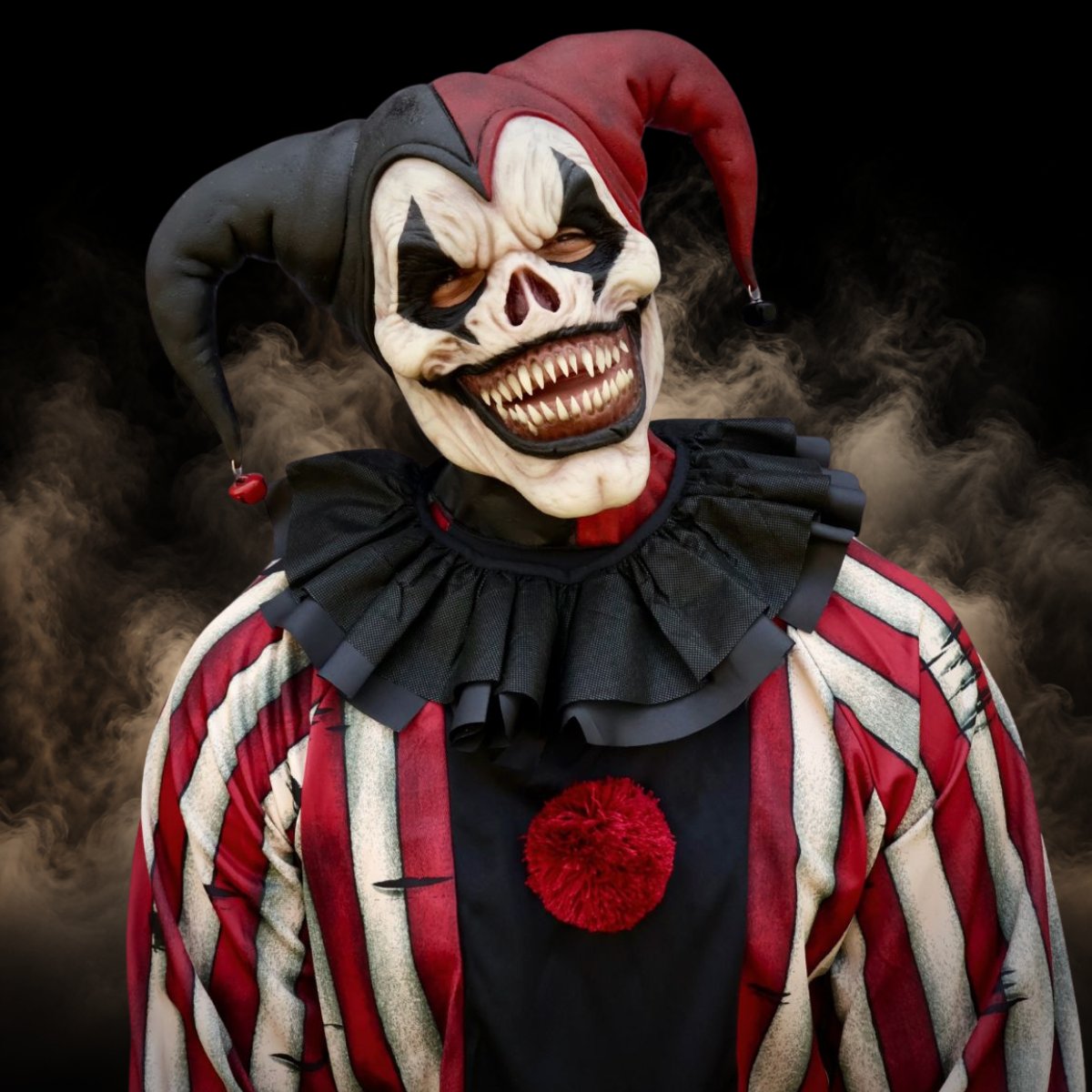 Jester clown mask worn with the red and white striped costume