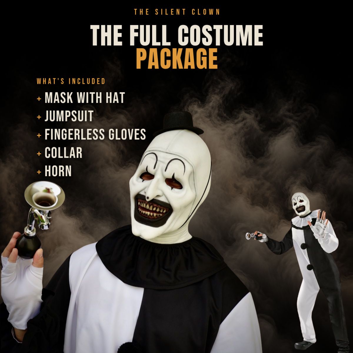 Complete clown halloween costume with the mask, hat, jumpsuit, gloves, collar and horn